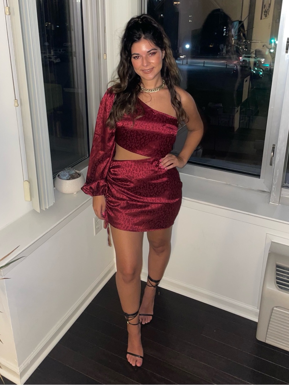 One-Shoulder Burgundy Animal-Print Mini Dress with Asymmetric Cut